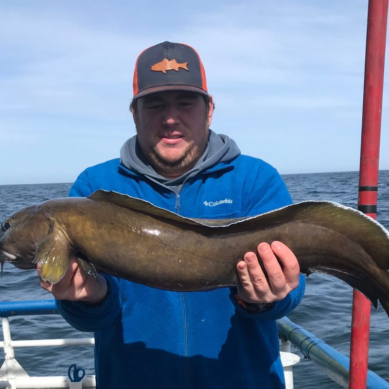 a man holding a fish on a boat in a body of water