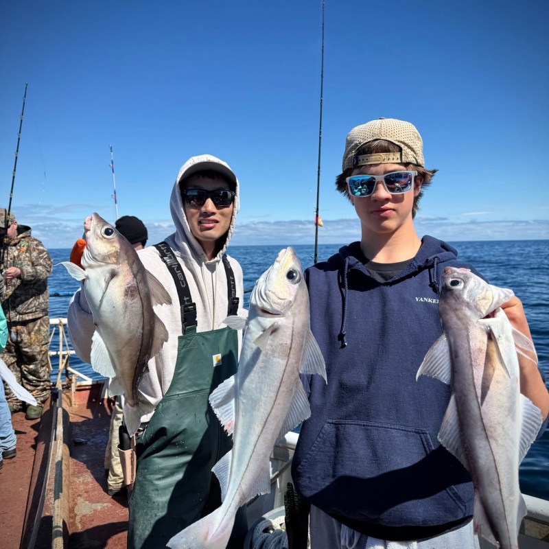 a group of people standing next to a person holding a fish