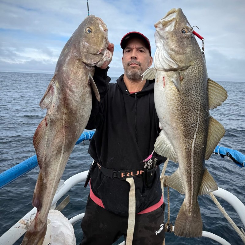Man on a boat holding two large fish against a cloudy sky backdrop.