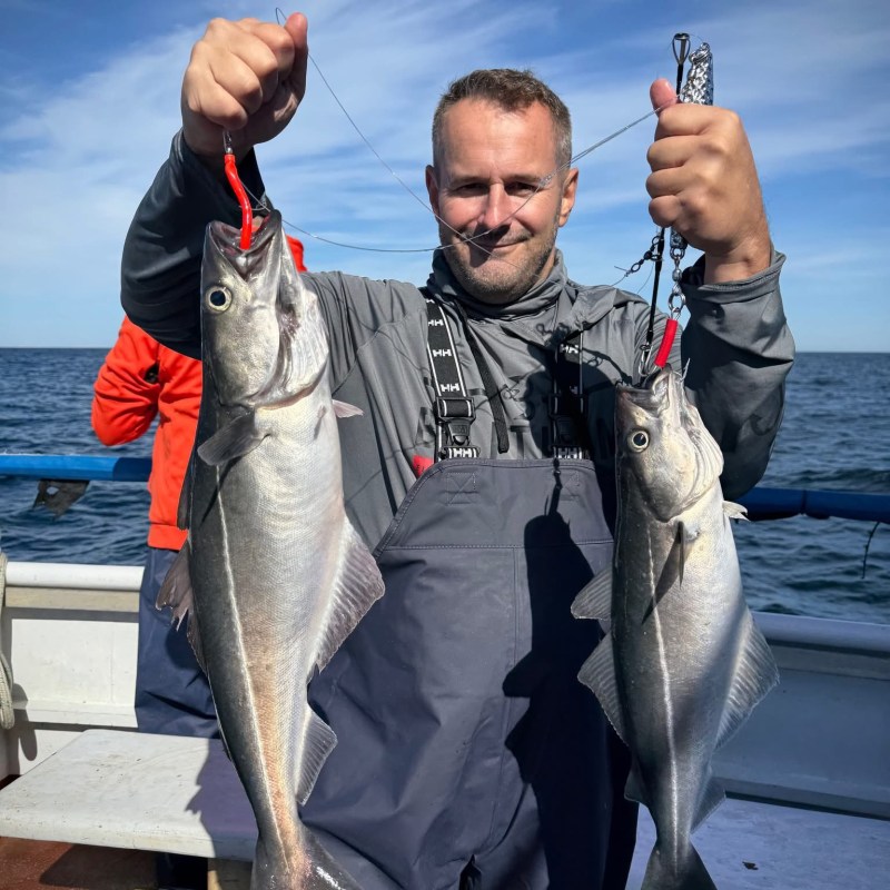 Person on a boat holding two large fish, each with a red lure, under a blue sky.