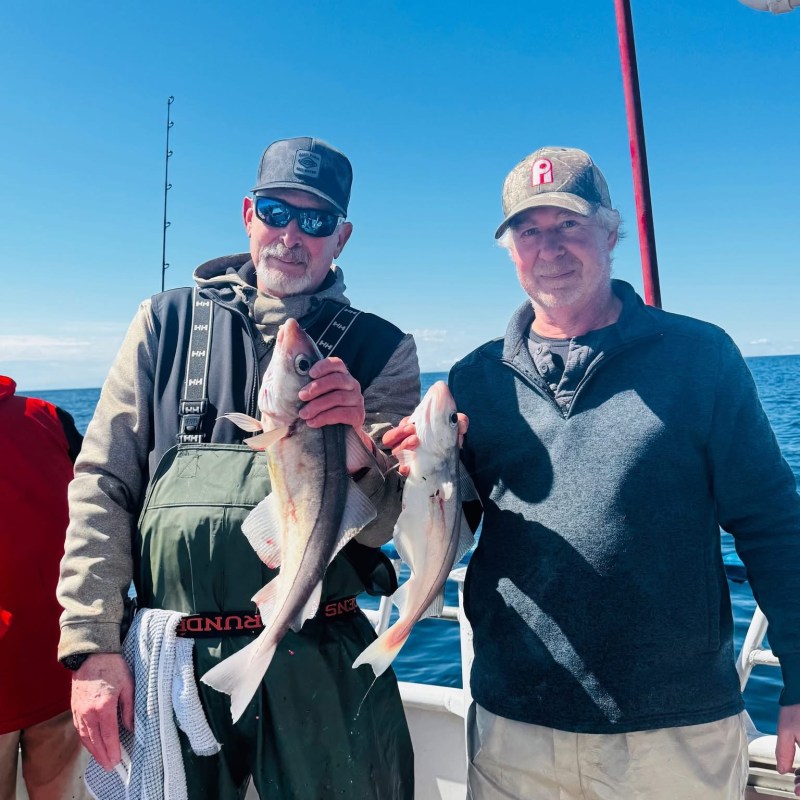 Two men holding fish on a boat under clear blue sky.