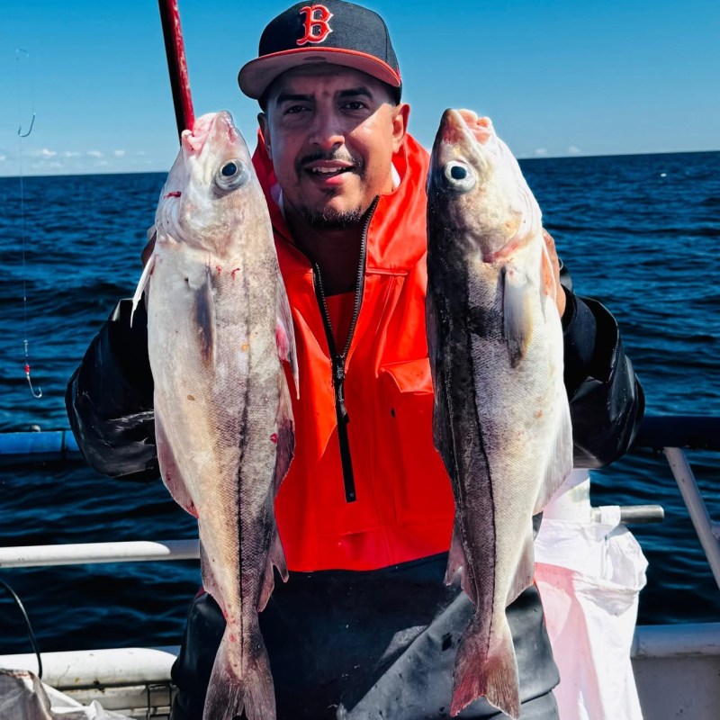 Person holding two large fish on a boat with the ocean in the background.