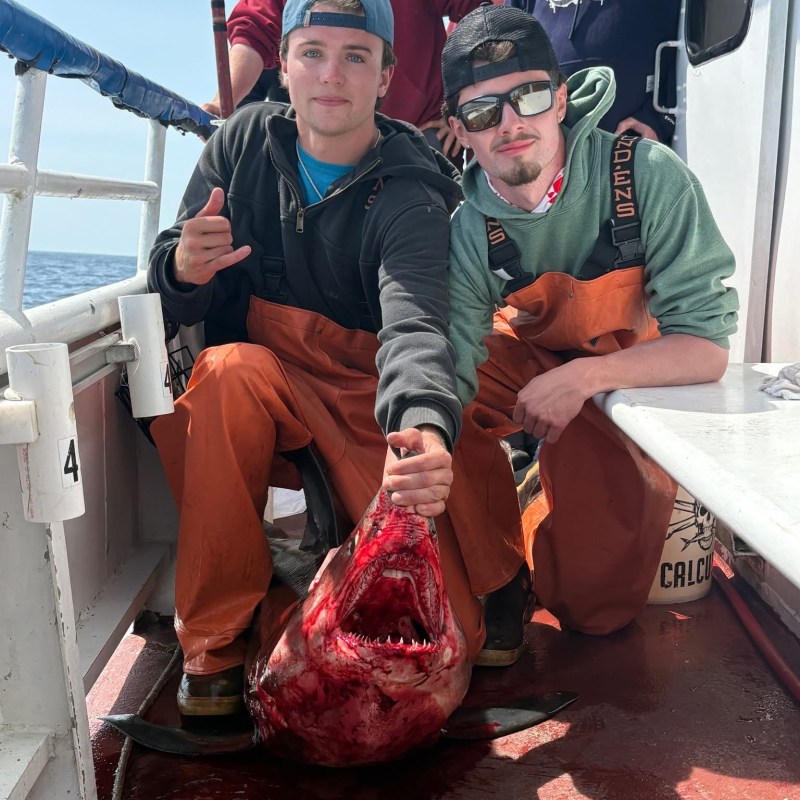 Two people on a boat holding a large fish with sharp teeth.
