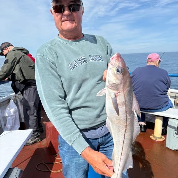 Man in a blue cap holds a fish on a boat with others in the background.