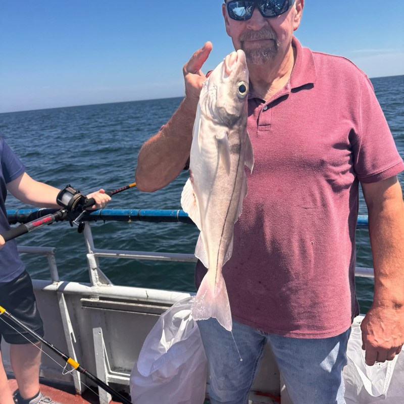 Man holding a large fish on a boat, wearing sunglasses and a cap.