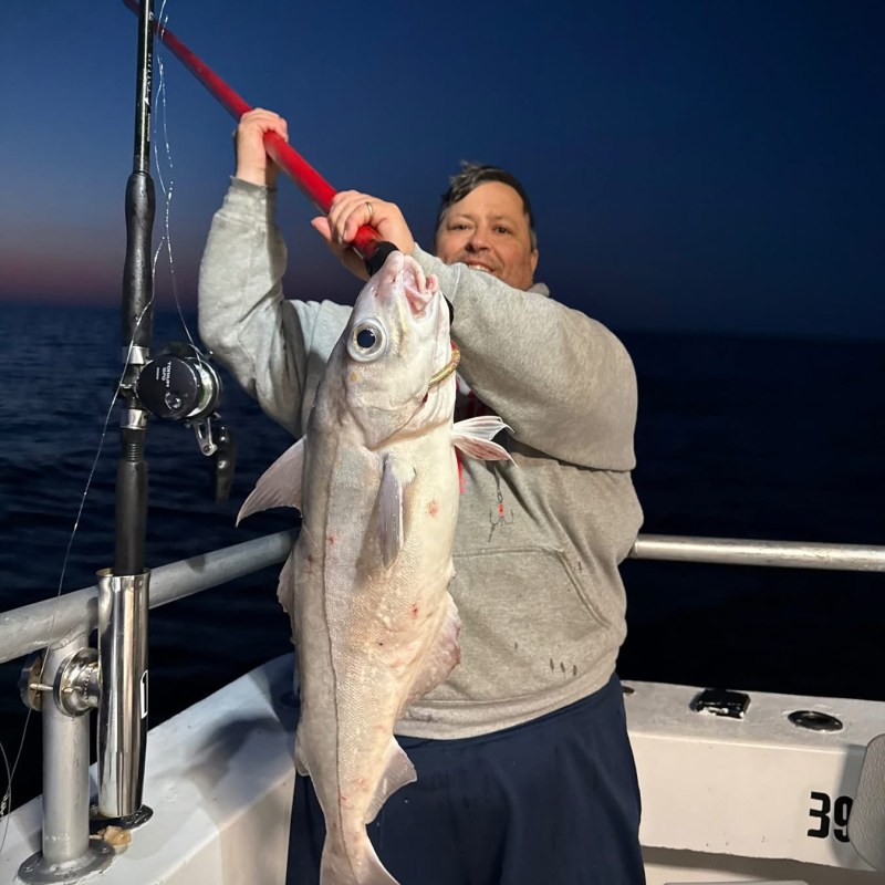 Person holding large fish on a boat at dusk.