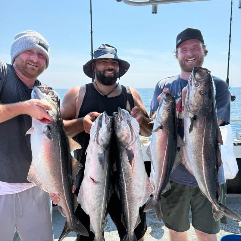 Three men holding large fish on a fishing boat, smiling.