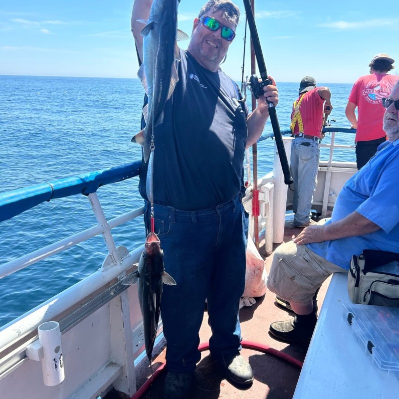 Person on a boat holding two fish with a fishing rod, ocean in the background.