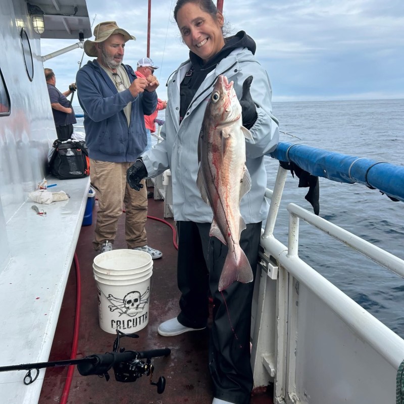 Two people on a boat holding fish, with fishing rods and a bucket nearby.